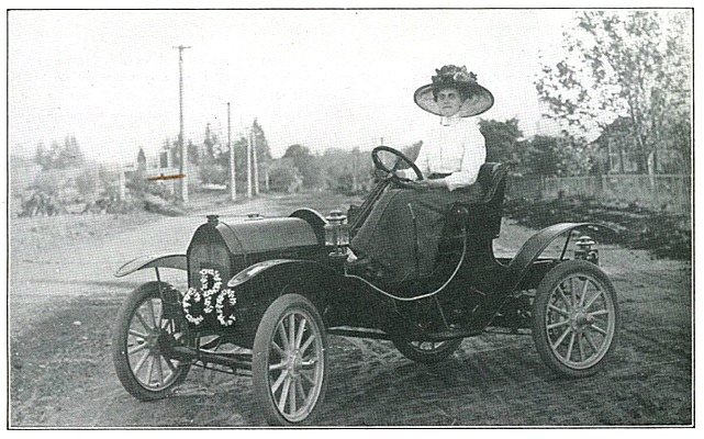 Depot Manager Mrs Effie Miller on her Brush Runabout - 1912