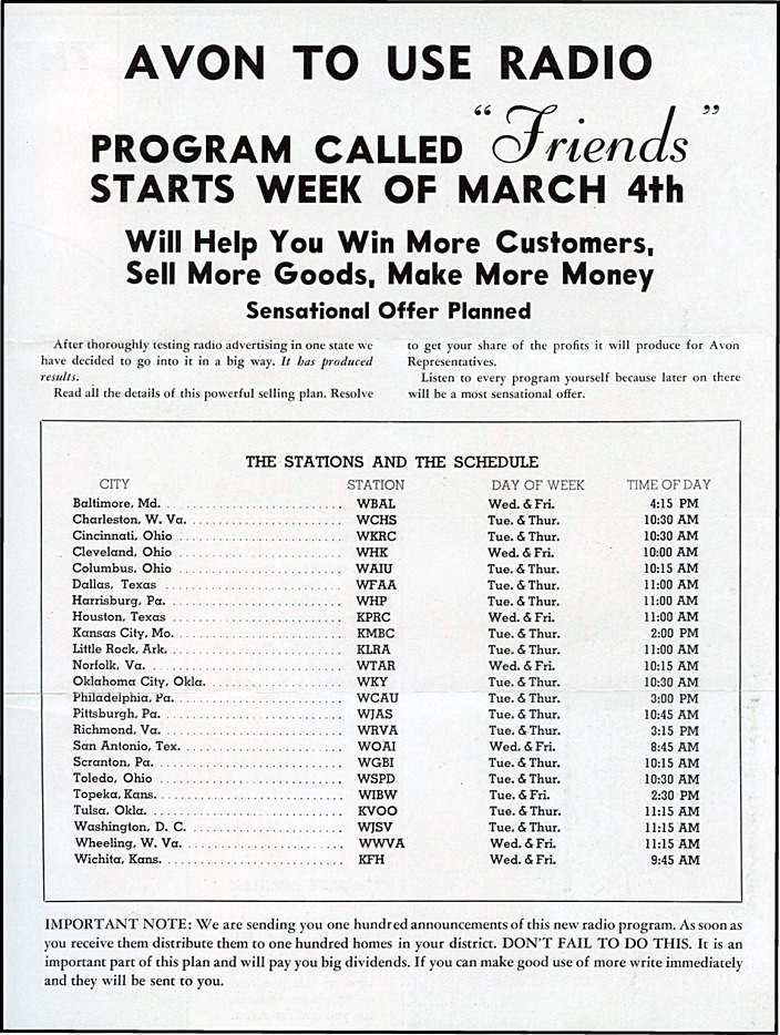 Announcement for the Avon Radio Show, "Friends" - 1935