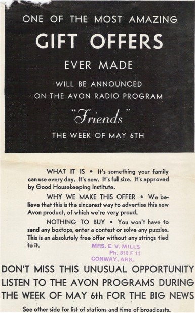 Customer Handout (front) for Avon Radio Show, "Friends" - 1935