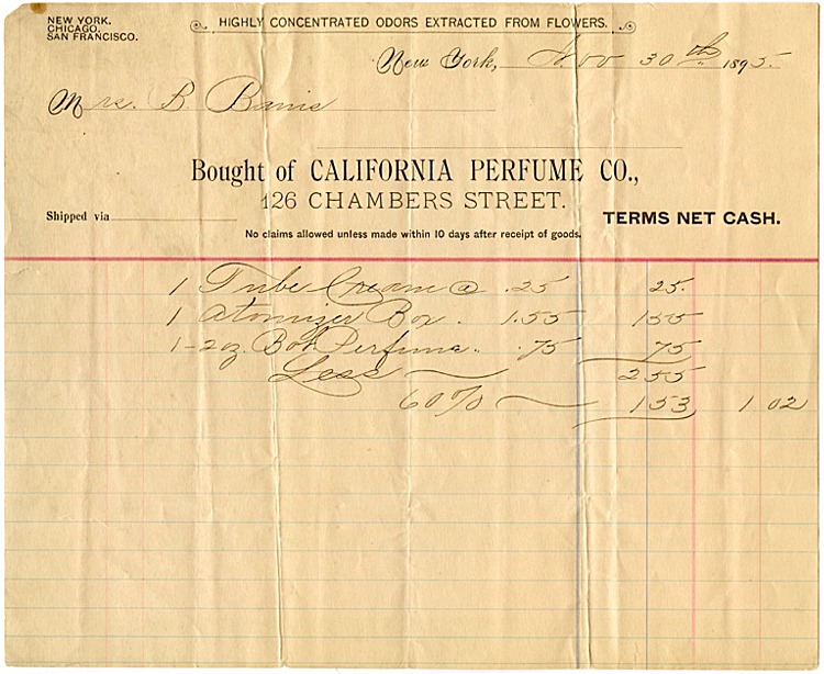 California Perfume Company Shipping Invoice - November 30, 1895