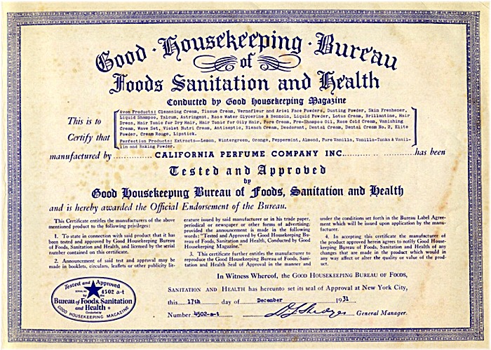 Good Housekeeping Certificate Awared to the California Perfume Company - December, 1931