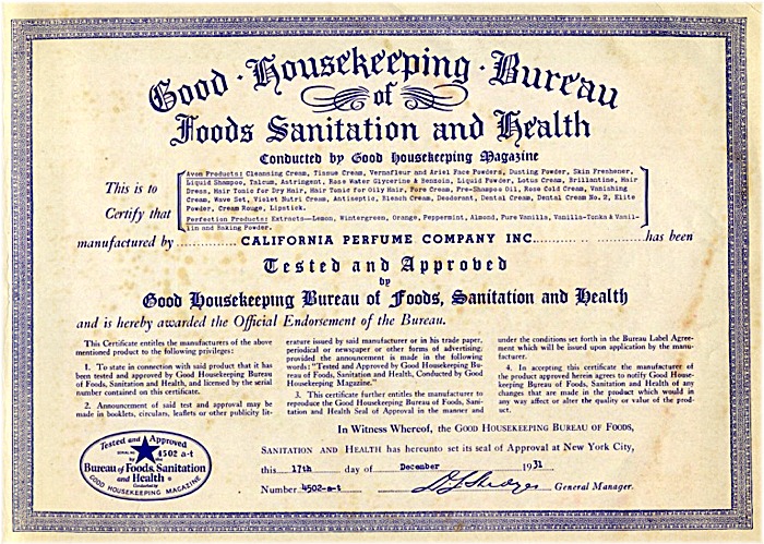 Good Housekeeping Certificate Awared to the California Perfume Company - December, 1931