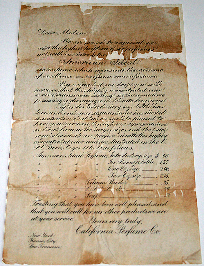 American Ideal Perfume Introduction Letter - 1914